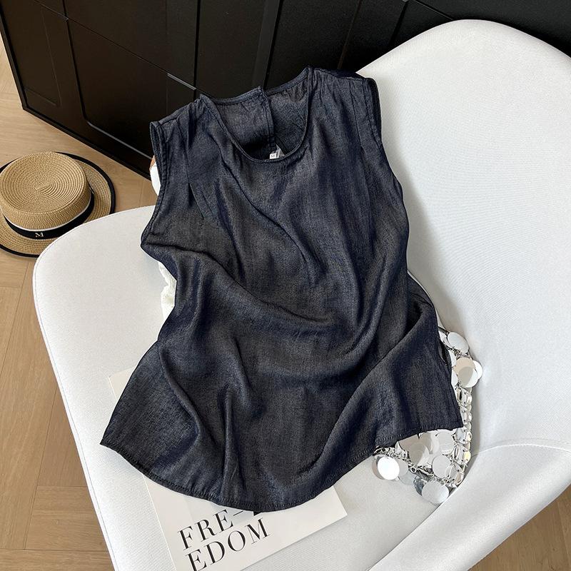 

Французский ретро серый холодный безрукавный топ-майка женский летний новый дизайн нишевый шик рубашка темперамент XXXL [Recommended 138-75kg] джинсовый синий