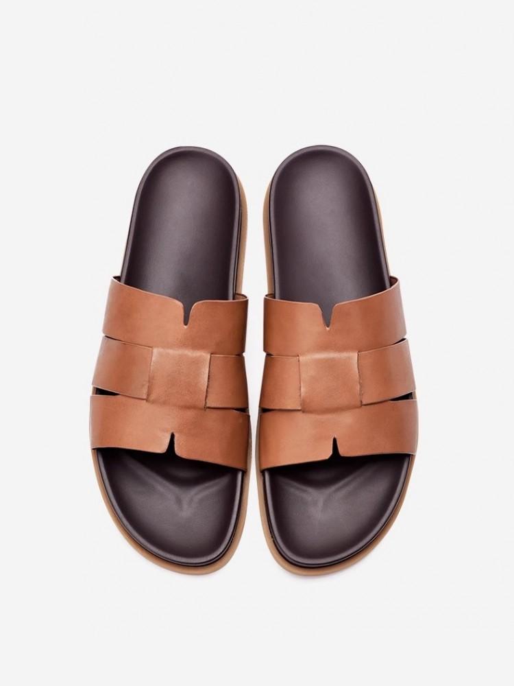 Summer Leisure Fashion Cowhide Flat Mens Slippers Personalized Trend Breathable Open Toe Solid Color Hard-Wearing Slides