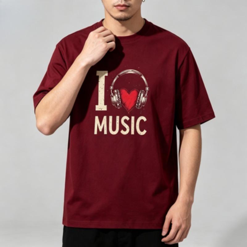 Retro Headphone Heart Graphic Tee For Unisex I Love Music Distressed Font 100 Cotton Soft Oneck Daily Casual Shirts