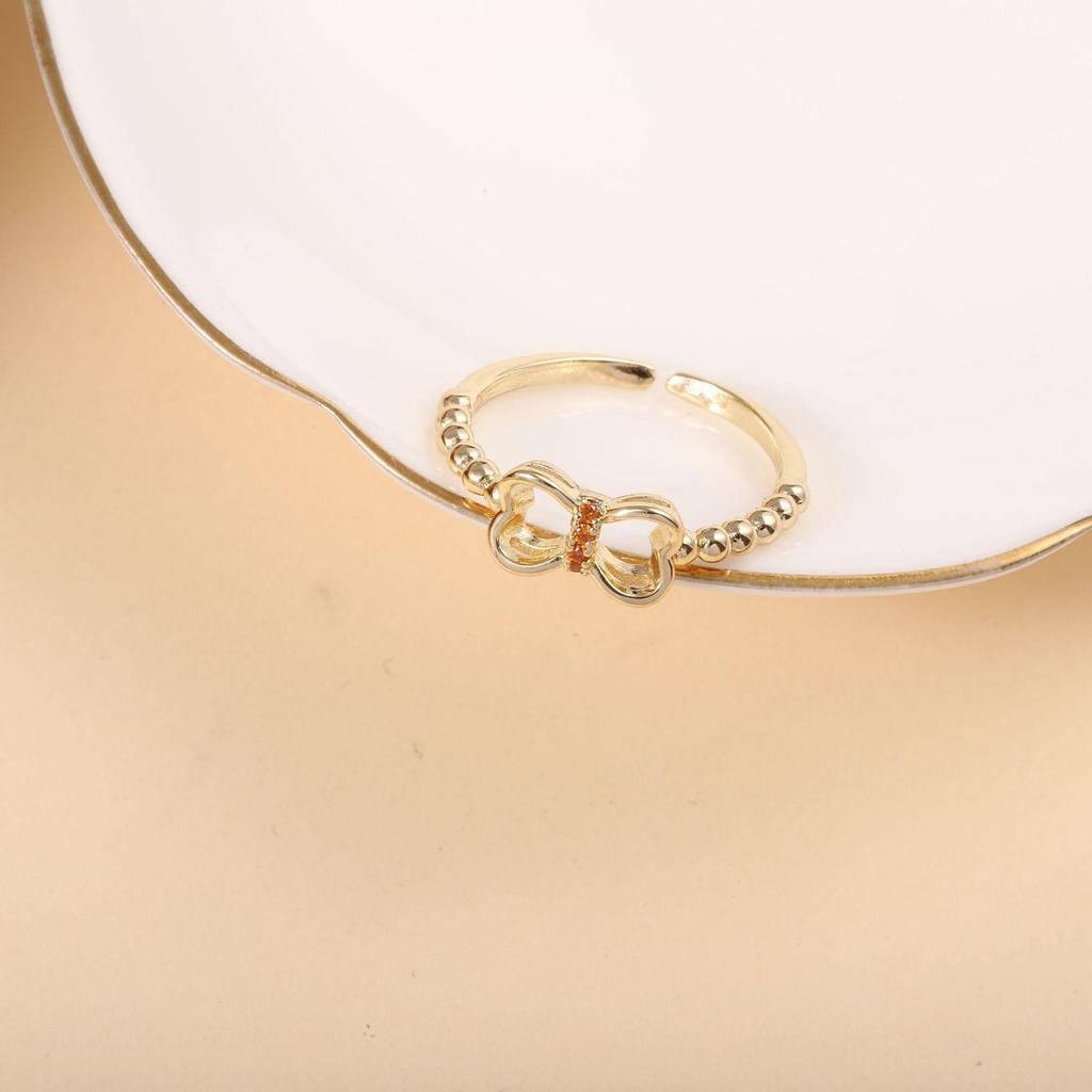 Copper-Plated 18k Gold Butterfly Knot Ring with Micro-Paved Diamonds, Fresh Imitation Wedding Jewelry
