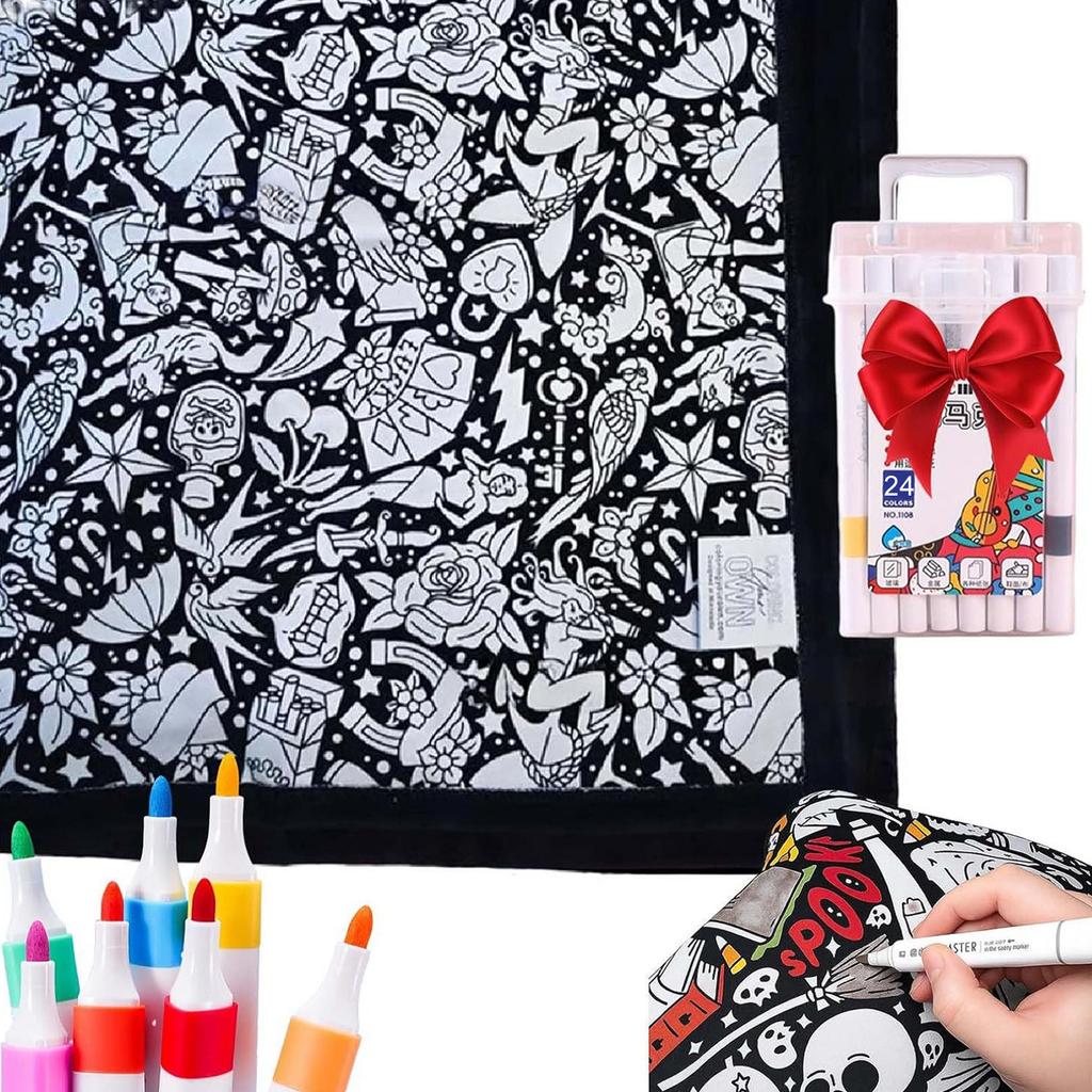 24Color Pens DIY Coloring Blanket with Markers Color Your Own Blanket Washable Reusable Soft Cozy Fleece Drawing Mat for Friends