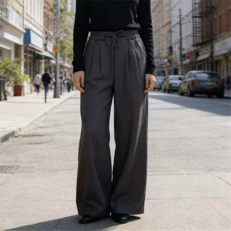 

2026 Drawstring Women Loose Wide-leg Pants Elegant Casual Straight Women s Drape Long Suit Pants New Spring Autumn Lace-up Solid Color Trousers L темно-серого