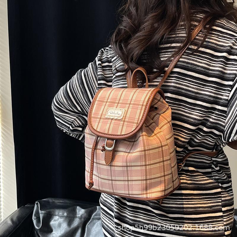 Niche Plaid Backpack Women's Retro College Style Casual Versatile Bucket Bag Fashion Student Commuter Backpack