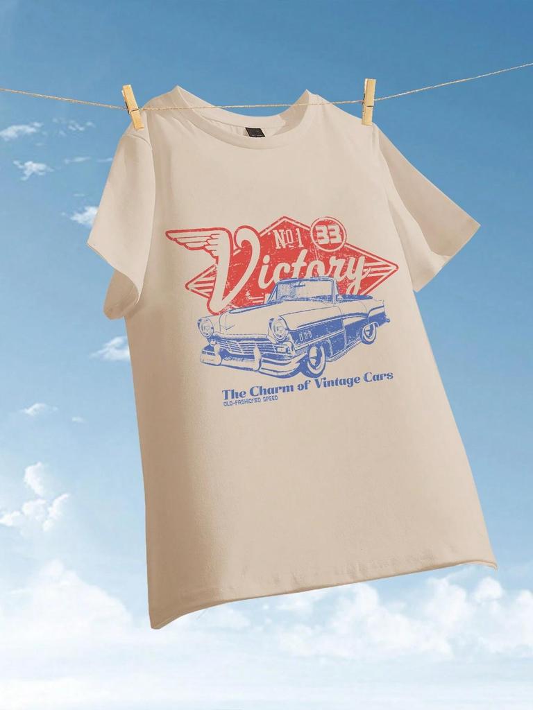 Women T-shirts The Charm Of Vintage Cars Victory Printing Short Sleeve O-Neck Tops Summer Street Female Clothes