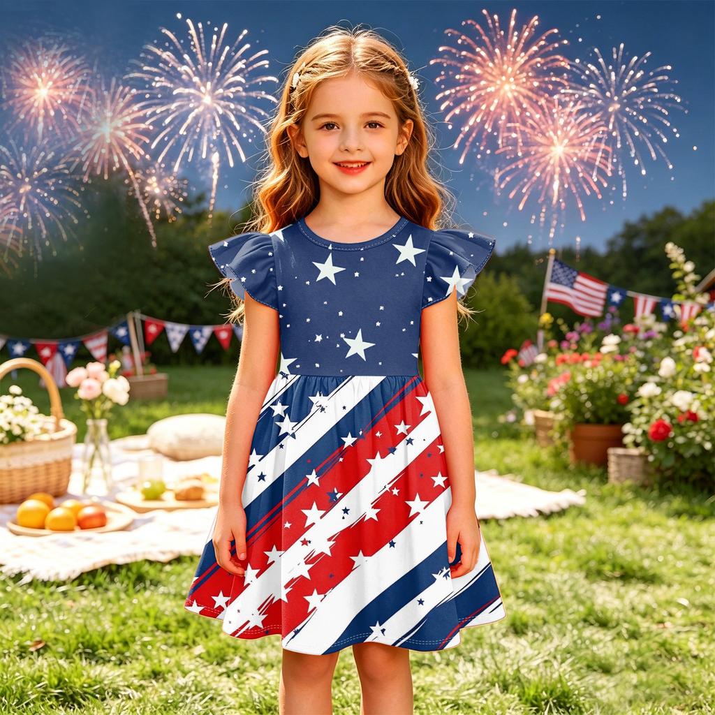 Girls' Summer Princess Dress - A-Line T-Shirt Dress Independence Day