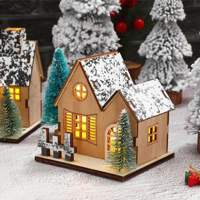 LED Wooden Christmas Decorations House Village Unfinished Xmas Snow House DIY Wood Chalet Tree Ornaments Nativity Table Ornament