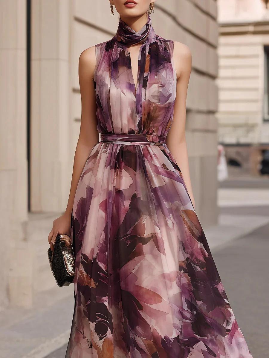 2026 European and American women s clothing, neck sleeveless floral digital printing waist dress long dress S