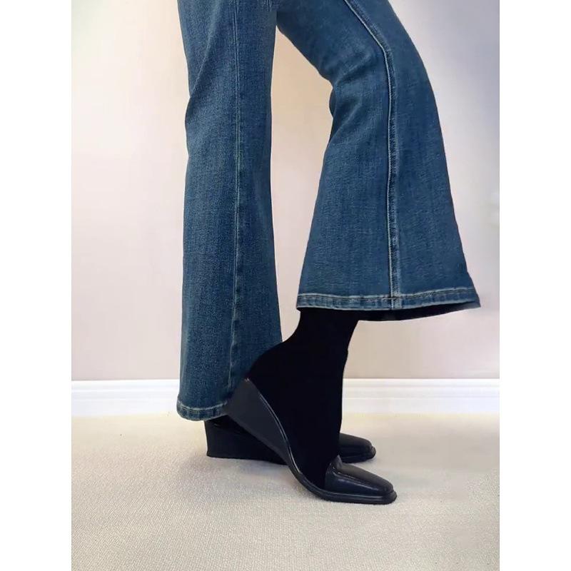 Sheepskin Version~ Thick-soled Wedge Elastic Thin Boots Retro Square Head Short Boots Women's Rear Zipper Socks Boots Slim Martin Boots
