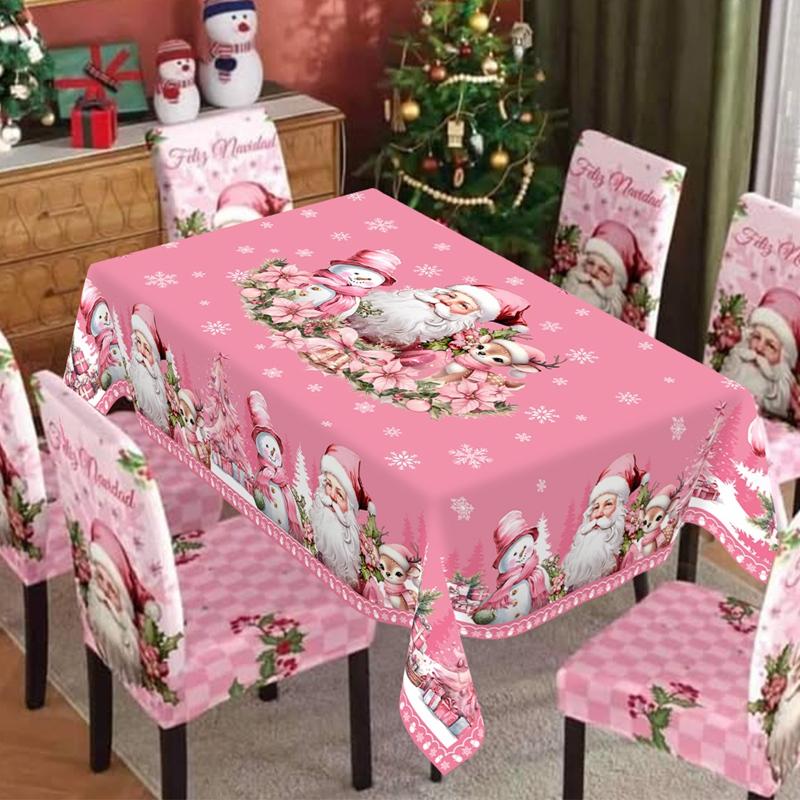 Pink Christmas Tablecloth Vintage Santa Claus Snowman Table Cover Christmas Decorations for Home 2026 Gifts Navidad New Year