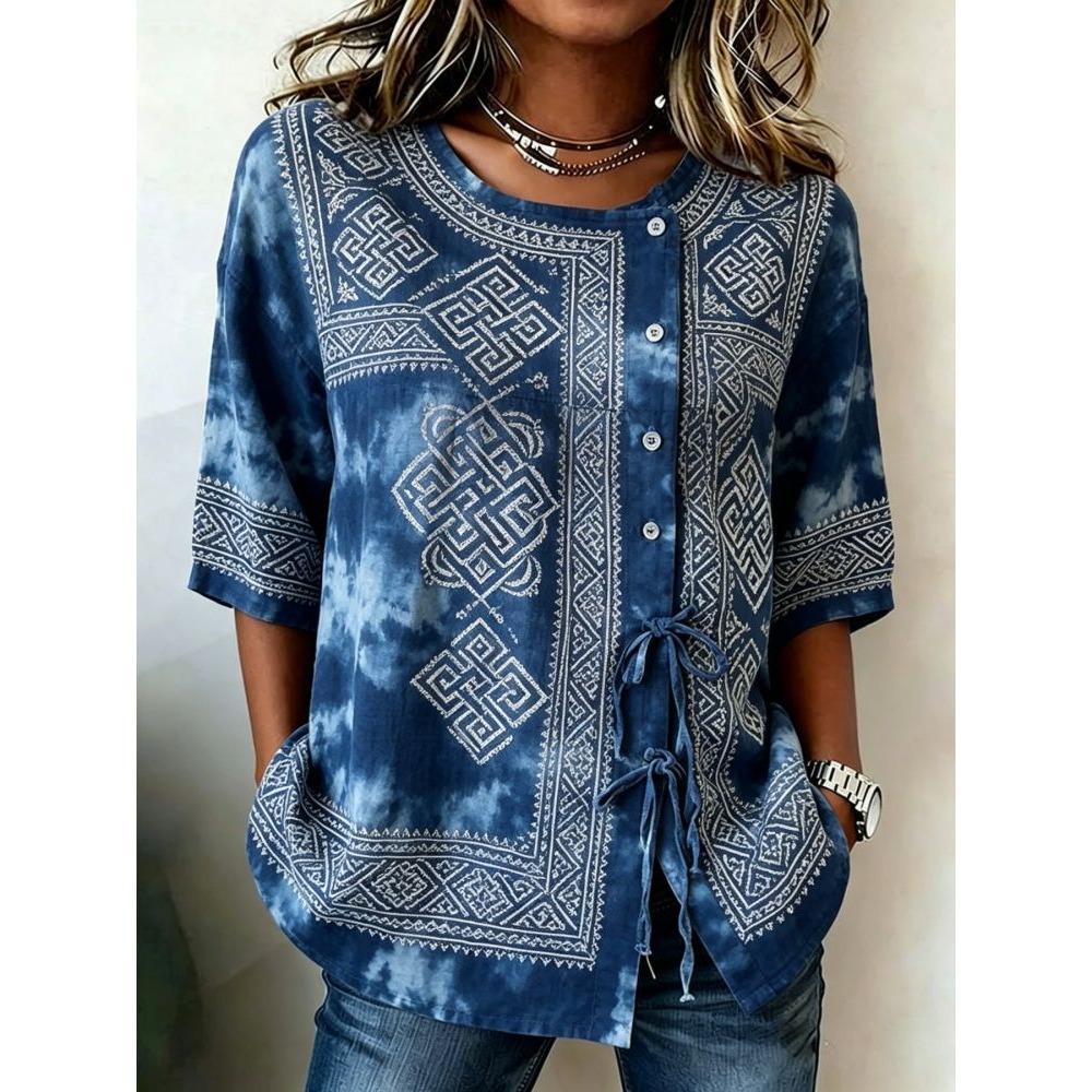 Women's Boho Tie-Dye & Geometric Print Drawstring Button Up Blouse, Casual Round Neck Tops for Spring Summer Daily Vacation Wear