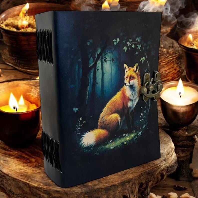 Fox Vintage Handmade leather Journal, Grimoire Fat journal Blank spell book of shadows Celestial Christmas Gifts For Him Her
