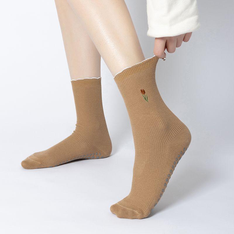 

Yoga Socks Non Slip Professional Female Pilates Special Socks All Year Round Neutral Indoor Fitness Embroider Knee Socks Room Socks CAMEL