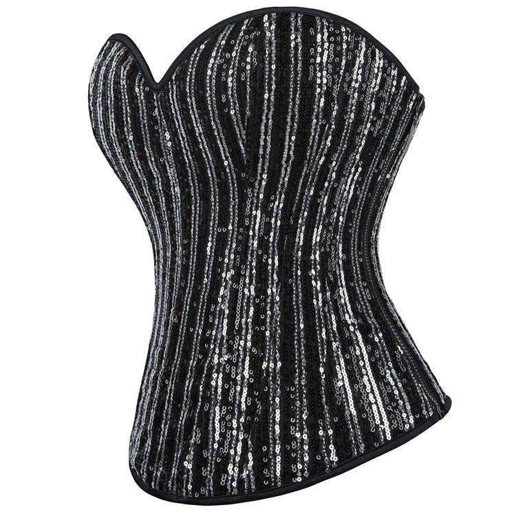 New Style Silver Black Sequin Strapless Bodycon Top with Bra Support Corset Bodysuit for Women