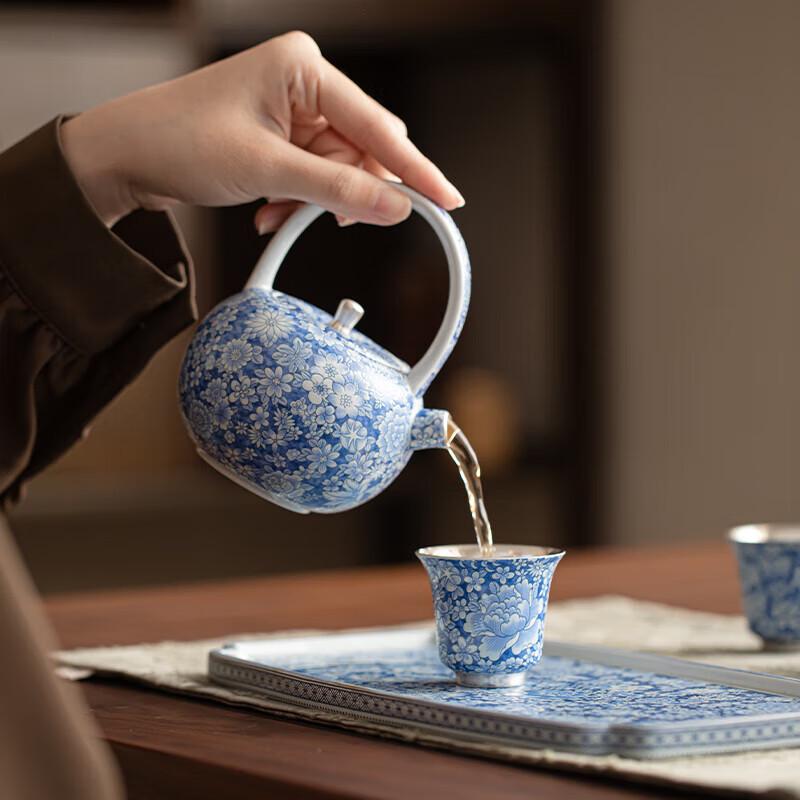 Zheng Wenqiang Masterpiece Gilded Silver Blue & White Ceramic Gongfu Tea Set