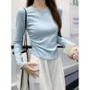 Milk blue shoulder shirt women's waist pinch pleated irregular short top spring bottoming shirt long sleeve inner