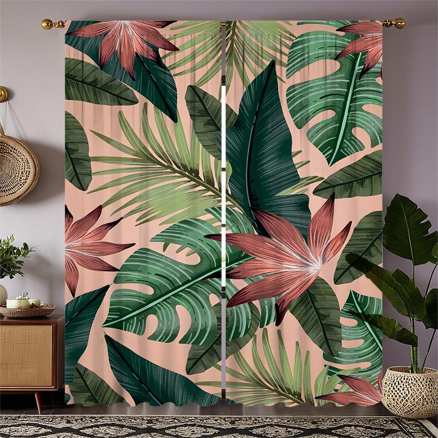 Set Of 2 Tropical Leaves Printed Curtains Pole Bag Bedroom Living Room Home Decoration Made Polyester Area Window Treatment