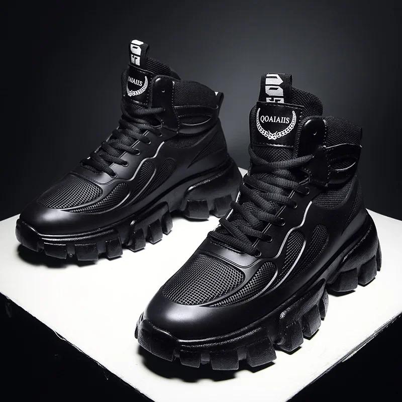 Black Men Boots Non Slip Winter Plus Velvet Outdoor Shoes for Men Round Shape Boots Leather Boots Black High Gang Platform Boots
