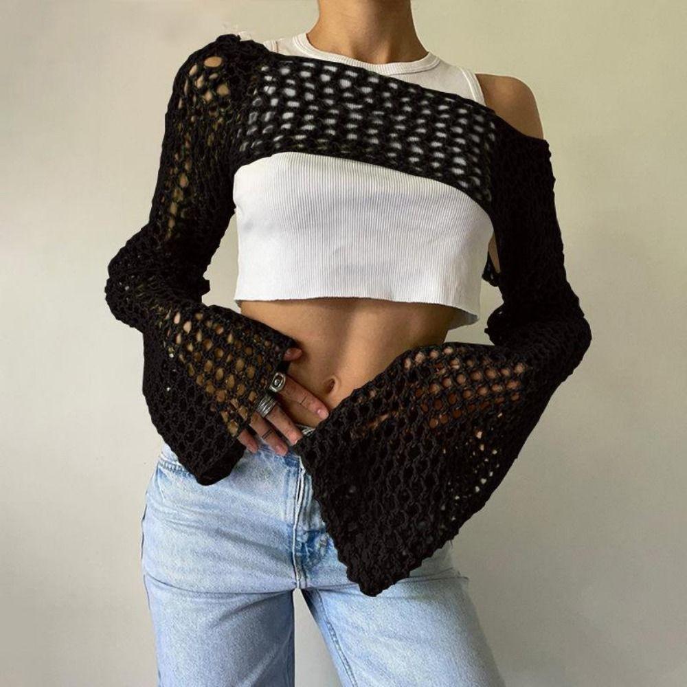 Soft Round Neck Shrug Pullover Y2K Knit Hollow Out Crop Top Women Crochet Crop Top Shopping