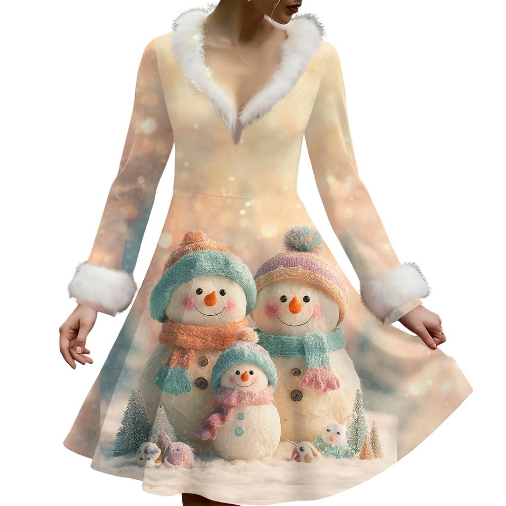 Women's Casual V-neck Christmas Print Plush Long-Sleeve Casual Dress