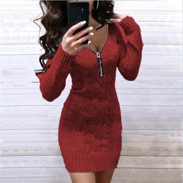 New Women's V-neck Zipper Knit Cardigan Sweater Dress
