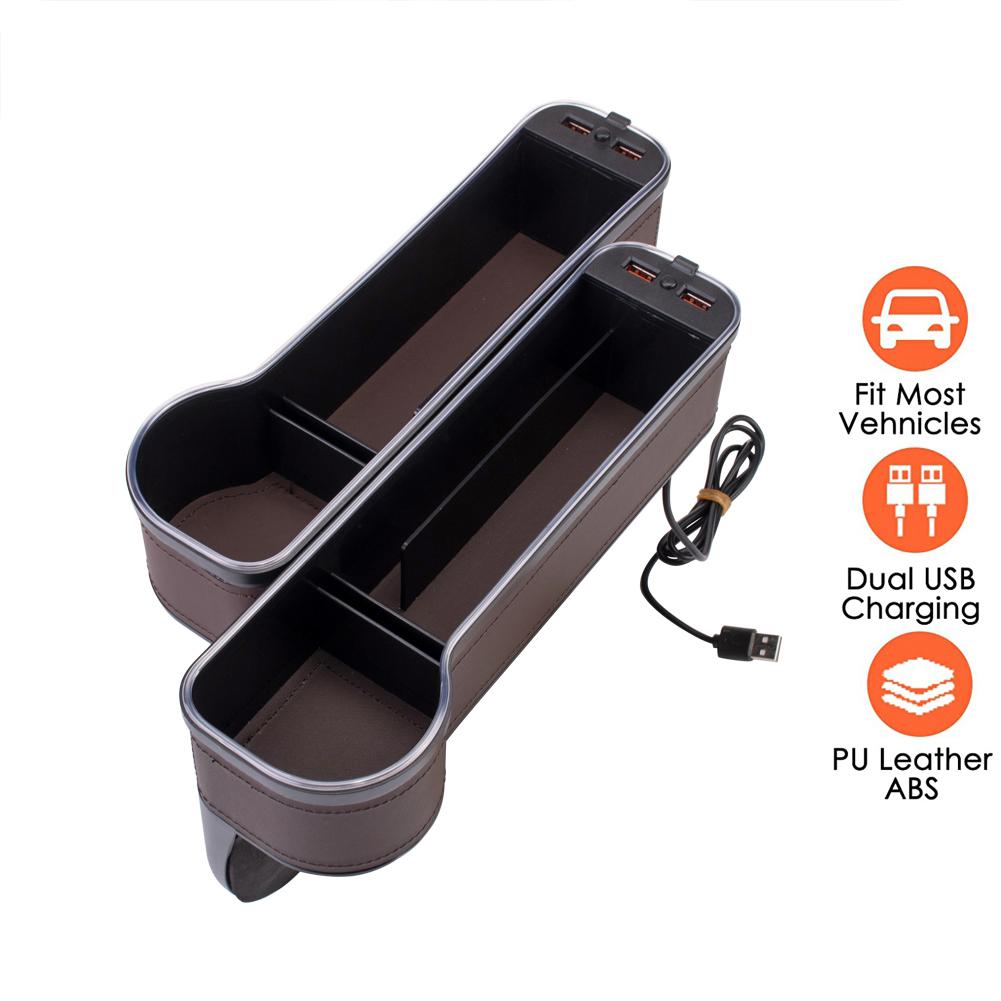 2PCS 3 In 1 Storage Box Set Front Seat Gap Filler Slip Organizer with Twin USB Car Charger Drink Cup Holder Ambient Lights