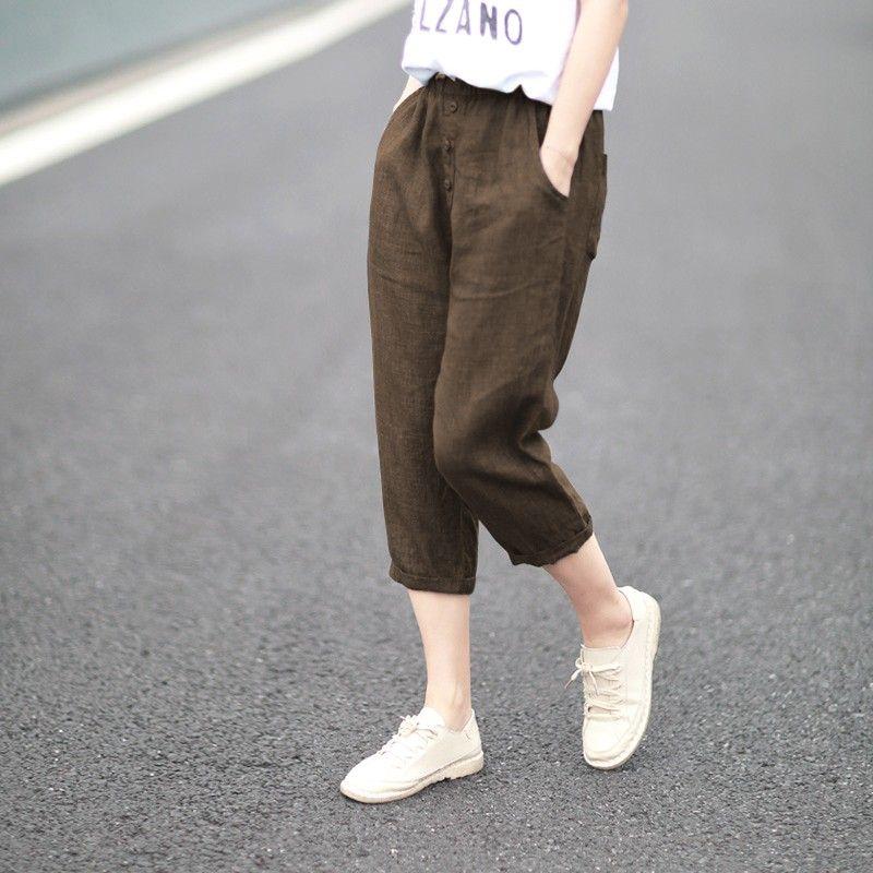 

Экспорт Оригинальные Товары Срезанный Лейбл Мода Ретро Повседневные Хлопково-Льняные Штаны Шаровары Женские Летние Тонкие Минималистичные Легче всего Сочетать Укороченные Штаны Coffee 3XL