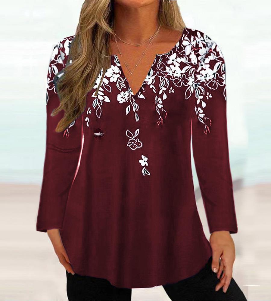 2023 Autumn/Winter Women's V-Neck Printed Long-Sleeve T-Shirt