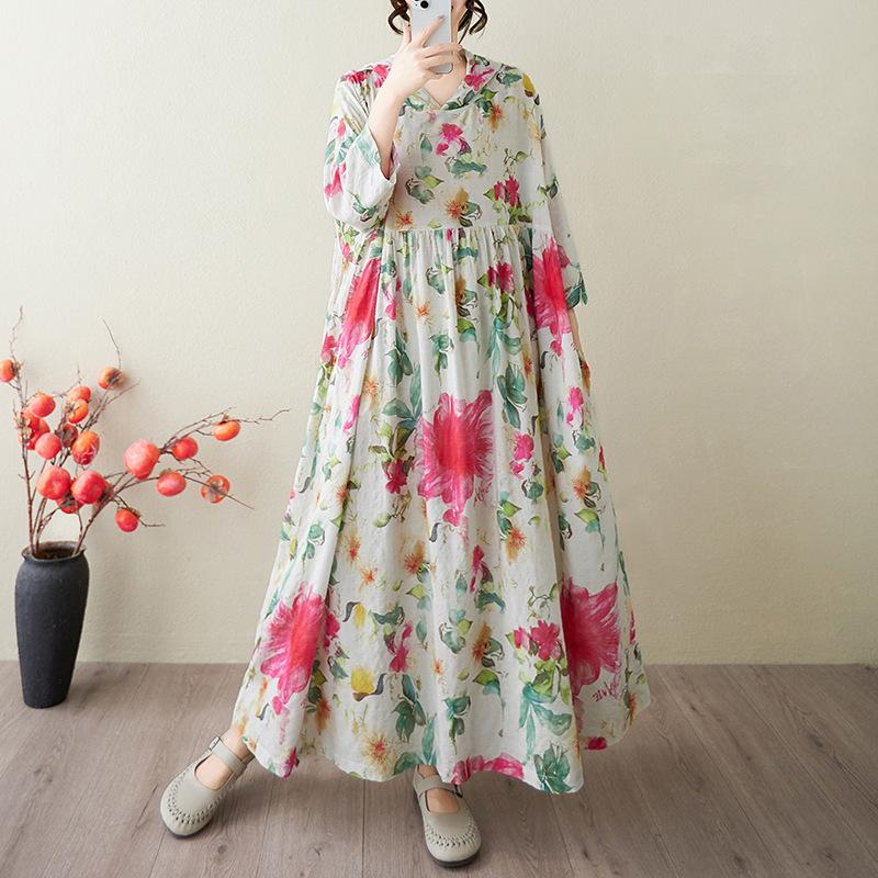 Plus Size Summer Floral Dress Women Hooded Robe Flower Print Loose Vintage Dresses Women's Clothes