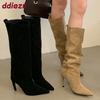 Mode Mode Dünne Absätze Schuhe Party Damen Kniehoch Moderne Stiefel Weiblich Spitze Zehen Flock Damen Lange Stiefel Slipper Schuhe Pumps