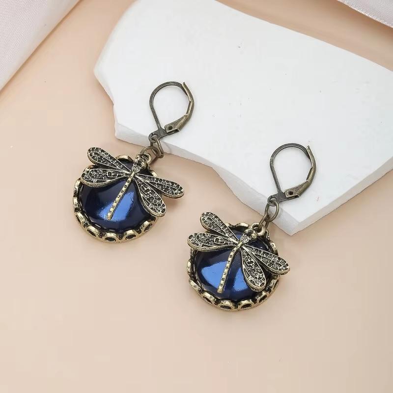 Vintage Dragonfly Drop Earrings for Women, Antique Bronze Blue Gem Dangle Earrings, Boho Retro Insect Statement Jewelry
