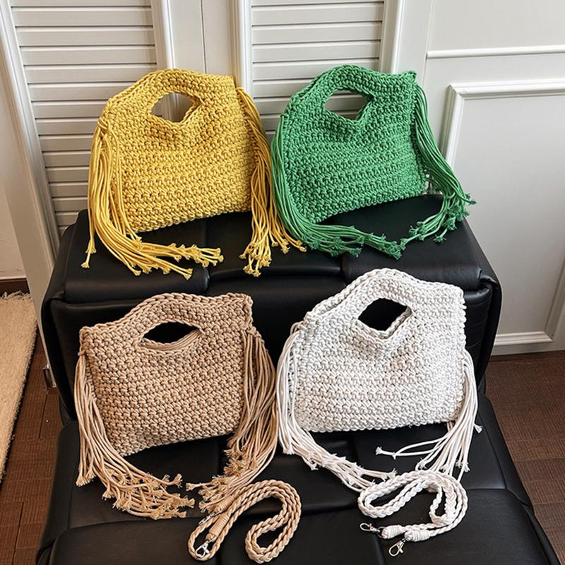 Yogodlns Knitted Tassel Bag New Summer Vacation Style Single Shoulder Diagonal Cross Woven Bag Fashionable Simple Women's Handbag