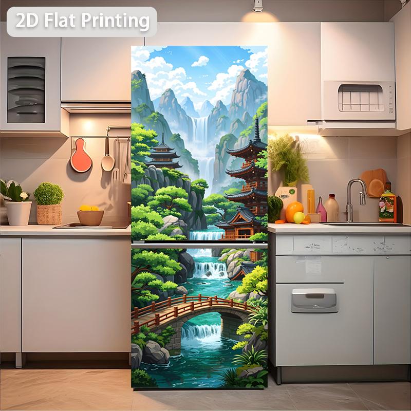 84Style Fridge Stickers Refrigerator Cover Door Landscape Plant Sea Vinyl Self Adhesive Kitchen Furniture Decor Wrap Freezer Sticker DIY