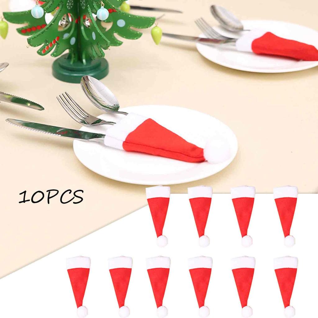 10pcs Christmas Decorative Tableware Fork Set Christmas Hat Storage Tool