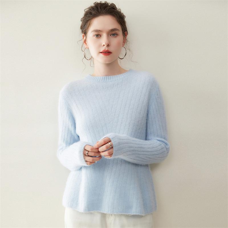 Women's Ribbed Cashmere Crew Neck Pullover Sweater with Long Sleeves