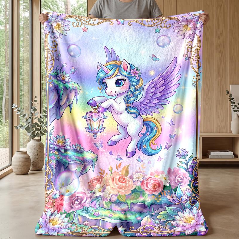 Winged Unicorn In Fantasy Garden Theme Blanket Lightweight Warm Flannel Blanket Decorative Throw Blanket for Home Decoration