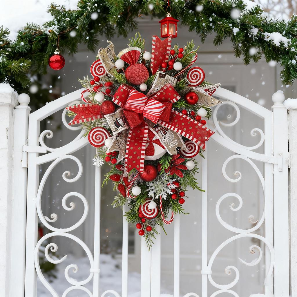 Front Door Christmas Wreath, Teardrop -down Wreath Decoration Vintage Porch, Front Door Christmas Candy Cane Wreath 20 Inches