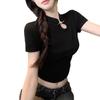 Women's Black Short Sleeve Cheongsam-Style Top with Modern Design