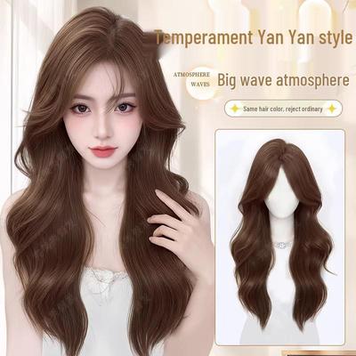 Women's Natural Long Full Cap Wig with Realistic Large Waves and Seamless Middle Part Bangs