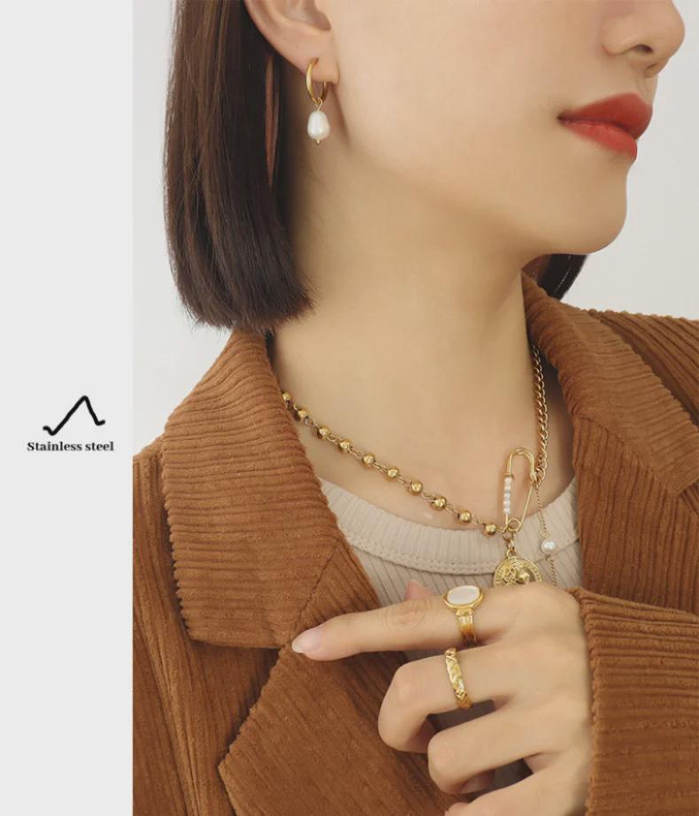 French Retro Freshwater Pearl Hoops, Titanium Steel 18K Gold-Plated Earrings - Cold Style