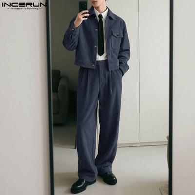 2PCS Automne Homme Col à Revers Côtelé Manches Longues Chemise Longue Droite Ensembles Tenues