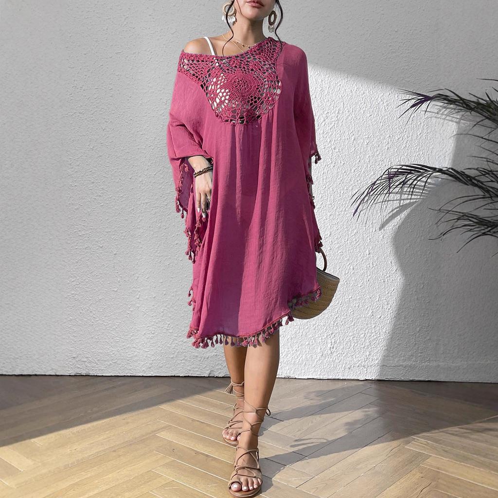 QICED Beach Dress, Beach Smock, Crocheted Patchwork Tassel Swimsuit, Bikini Outerwear