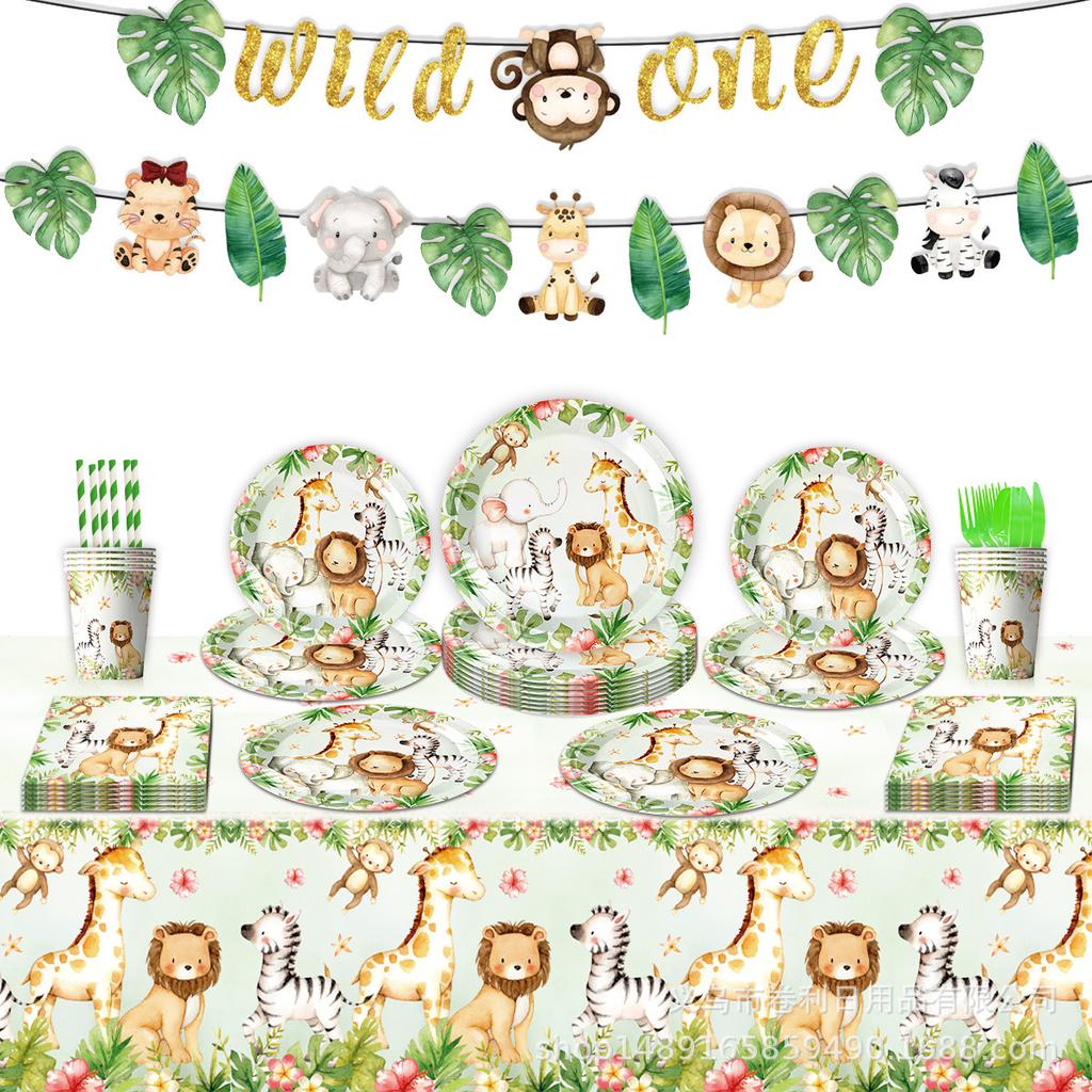 Forest Animal Themed Party Supplies Birthday Decorations Arrangement Props Paper Plates Paper Cups Paper Tissue Banners Tablecloths