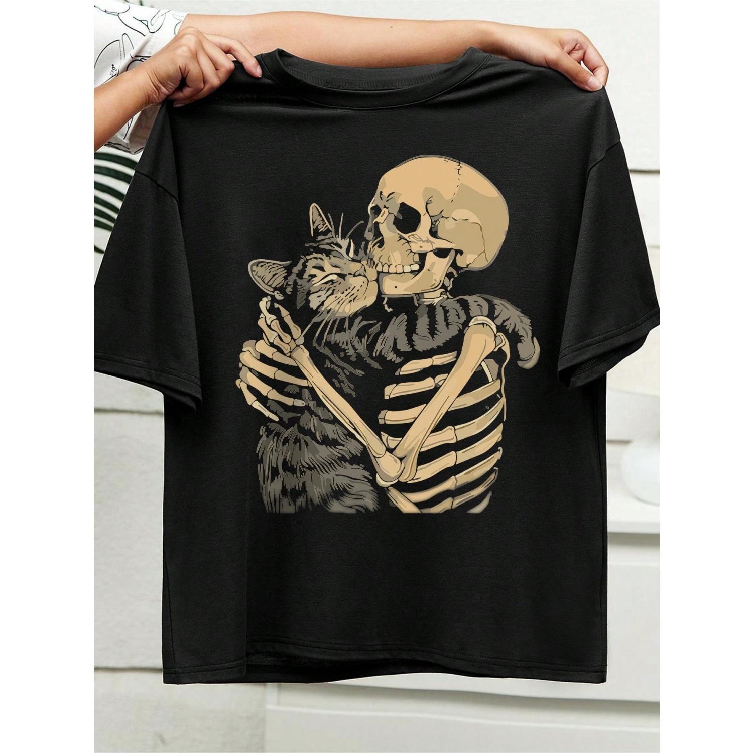 

Maweii Plus Size Women Casual Skull & Cat Graphic Short Sleeve Round Neck T-Shirt, For Summer S чёрный