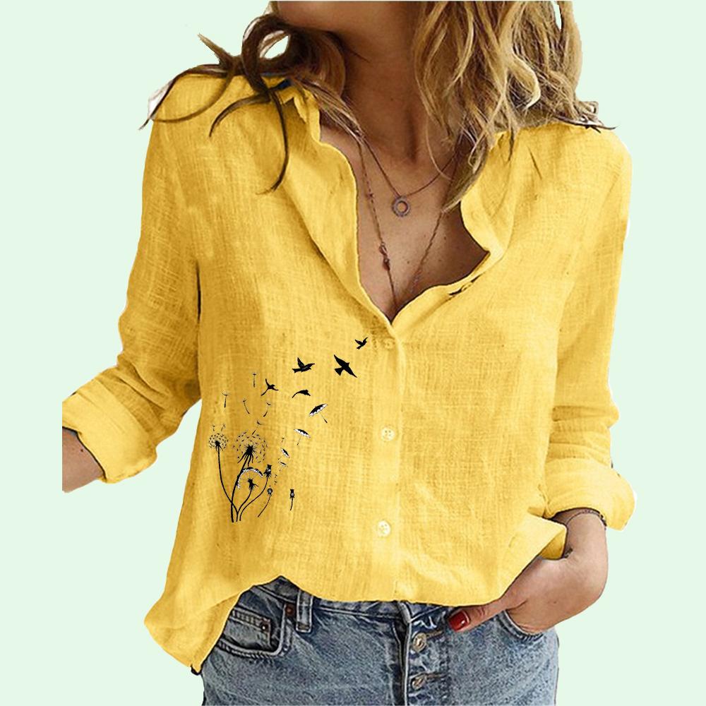 

Женская модная рубашка с длинным рукавом и принтом одуванчика, женская льняная блузка, женский летний и осенний повседневный топ на пуговицах 5XL жёлтый