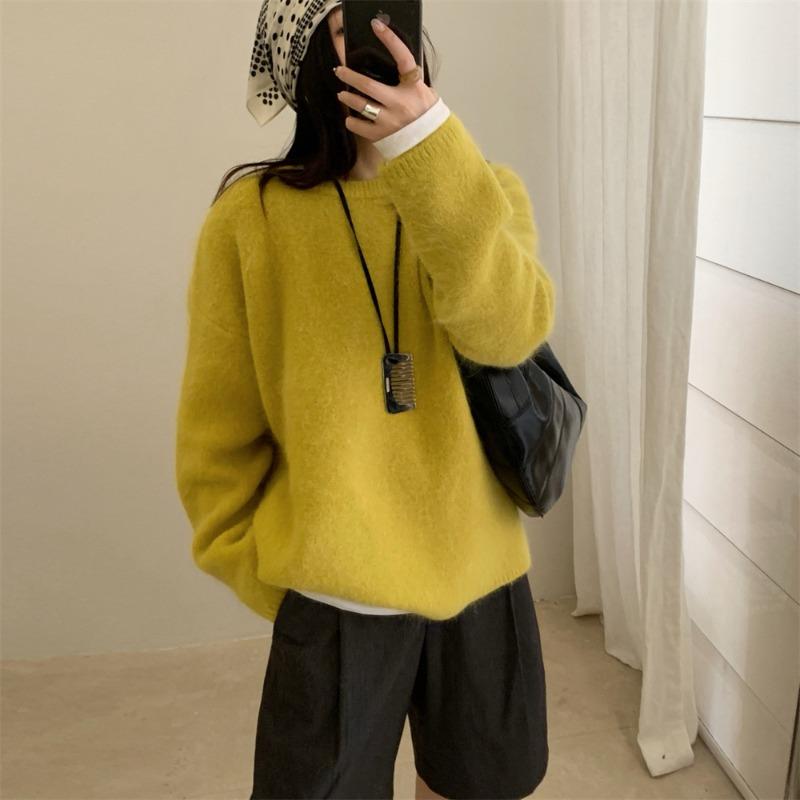 Soft waxy hairy casual versatile pullover sweater women's autumn and winter new round neck loose warm knitted top