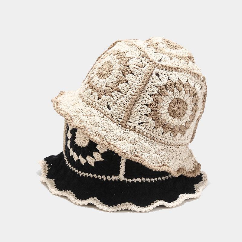 Cotton Knit Garden Bucket Hat - Hollow Crochet Sun Hat for Women Vacation Style with Breathable & Artistic Design