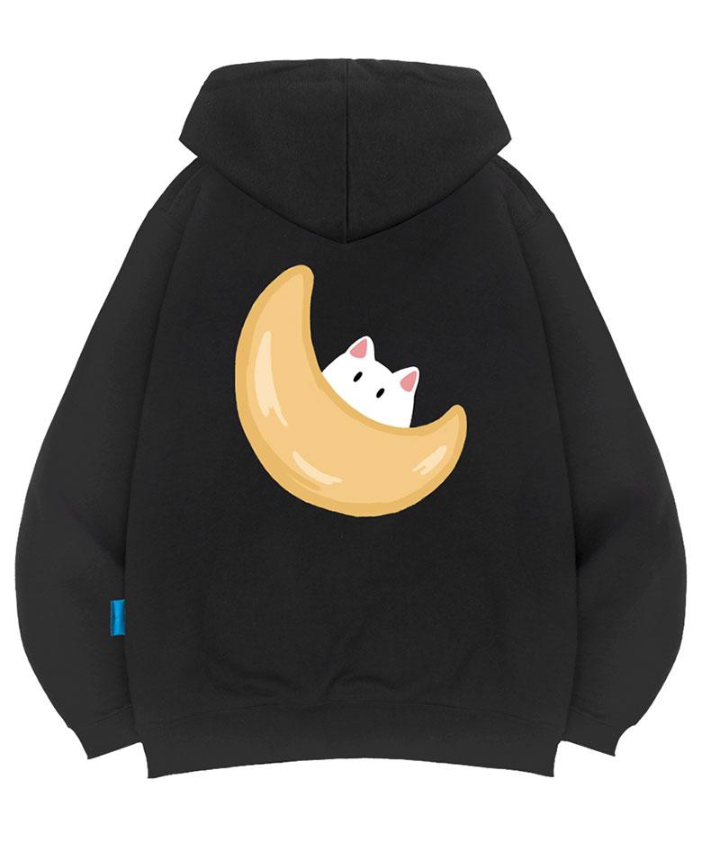 Fleece-Lined H-Neck Cat In The Moon Hoodie Unisex Big Sizes M~4Xl
