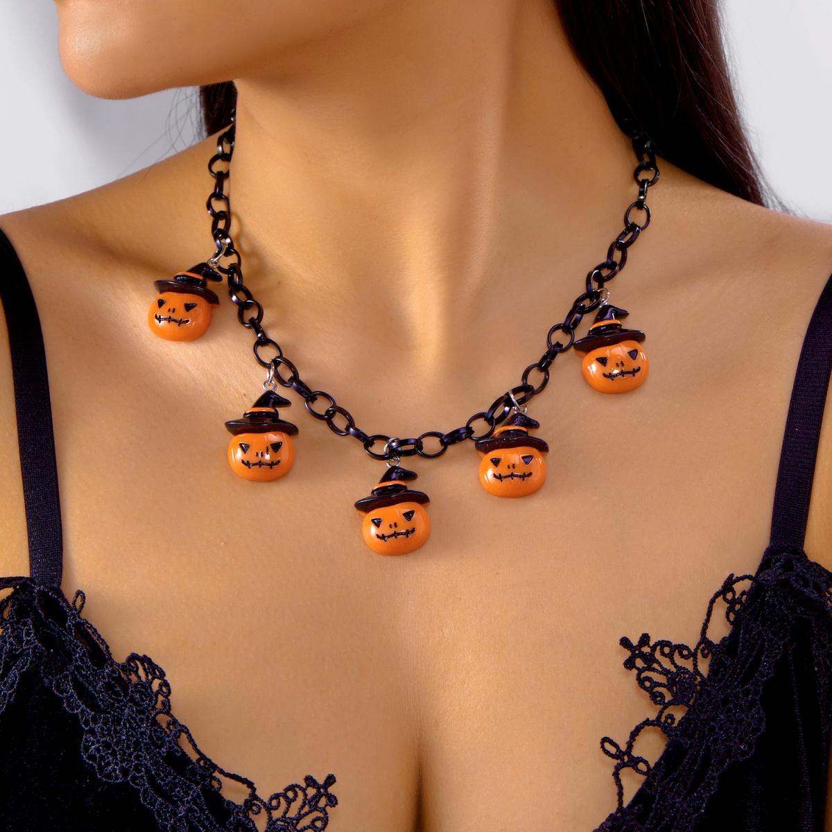 

Halloween Cartoon Resin Pumpkin Tassel Necklace Blood Drop Spider Wooden Beads Ghost Bat Witch Hat Choker For Women Men Jewelry
