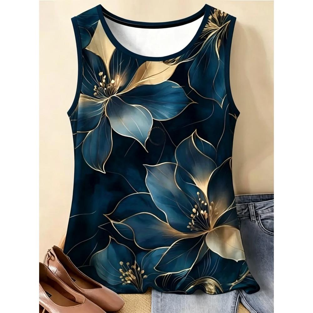 Gilet Estivo da Donna Taglia Larga Fiori Colorati Stampa 3D Largo alla Moda Comodo Morbido Traspirante Scollo a O Senza Maniche