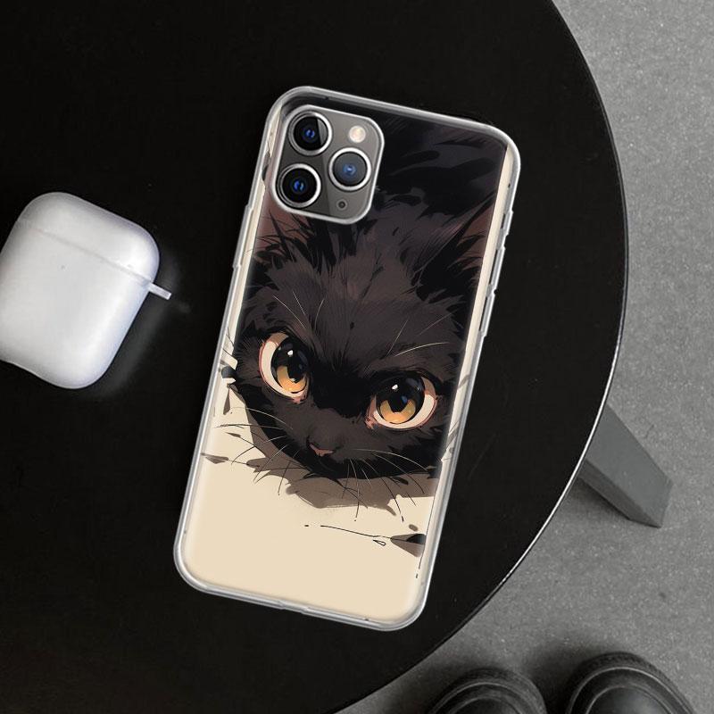 Anime Cute Black Cat Meow Phone Case Cover for iPhone 11 12 13 Mini 14 15 Plus 16 Pro Max 17 Air 7 8 + SE Art Customized Fundas
